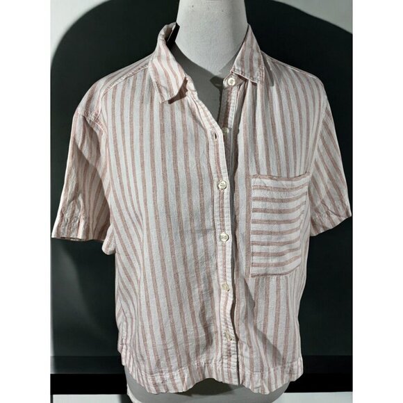Forever 21 Womens Short Sleeve Peach Cream Striped Button Down Crop Linen Medium - Picture 8 of 9